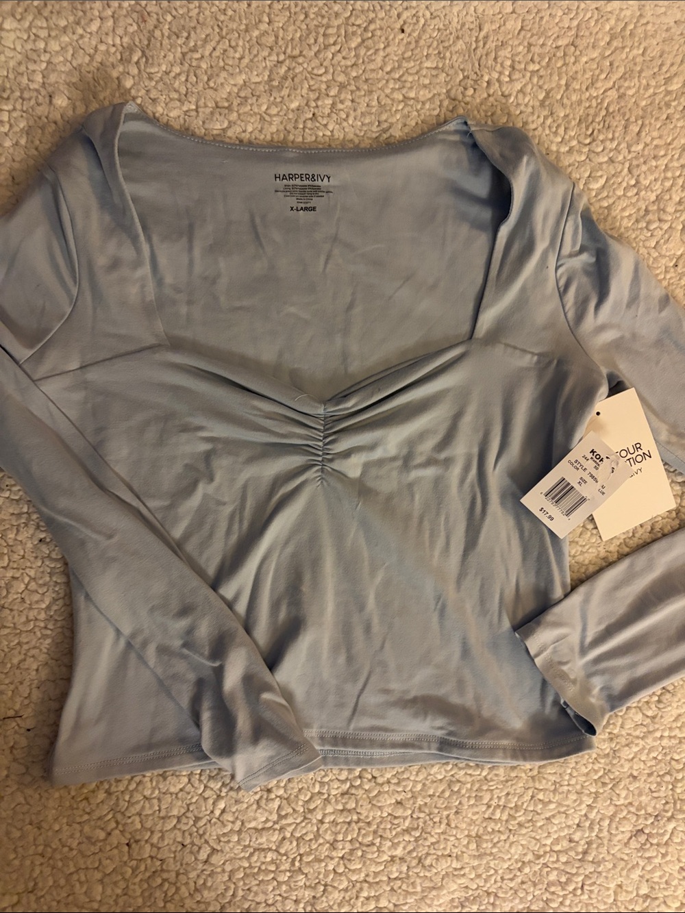 Light Blue Ruched Long-Sleeve Blouse